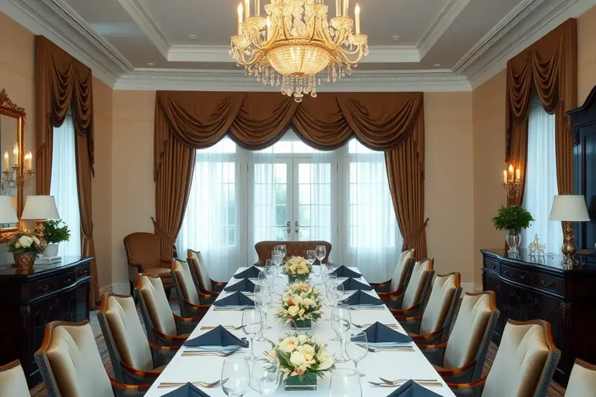 Formal dining room with elegant window treatments