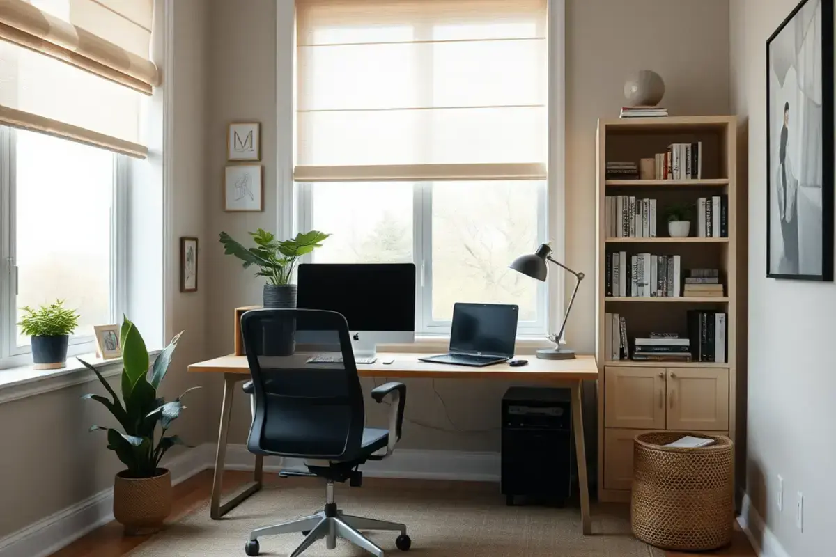 Stylish home office with window treatment
