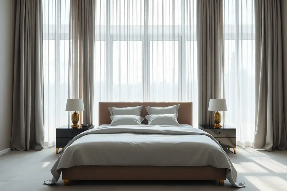 Luxurious master bedroom with flowing drapes