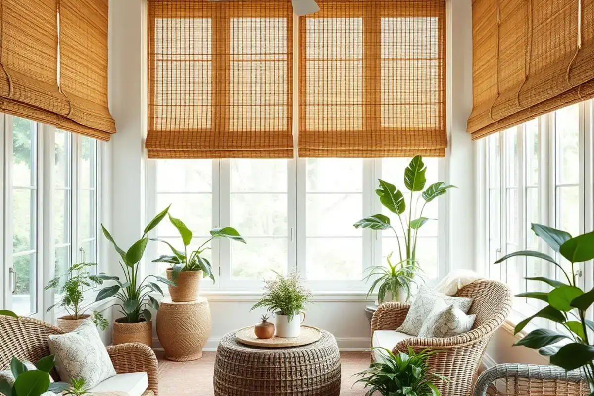 Bright sunroom with natural weave curtains