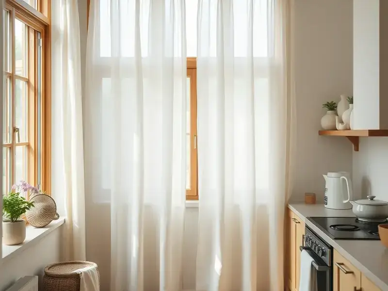 Natural linen curtains in bright kitchen