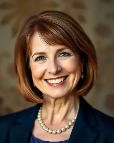 Carol in her studio surrounded by fabric samples and design materials